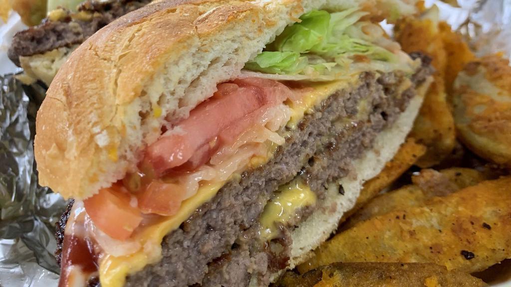 #3. Double Cheese Burger (Two 8Oz) · 2 Juicy Half Pound Hamburger Patties Served on a Fresh Roll, includes lettuce, tomato, onion.