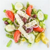 Greek Salad · Romaine and iceberg lettuce, cucumber, tomatoes, onions, olives and crumbled Feta served wit...