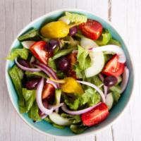 Garden Salad · Crisp lettuce, tomato, cucumbers, onions, croutons, cheddar Jack cheese, balsamic vinaigrett...