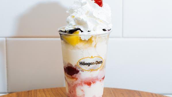 Banana Split Sundae · Two scoops of vanilla, layered with strawberries, pineapple, banana, fudge, topped with whipped cream and a cherry. Served in a cup.