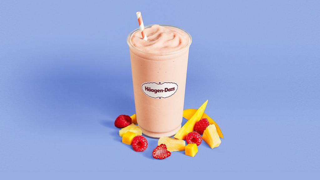 Tropical Raspberry Smoothies · Mangoes with raspberry sorbet, pineapple juice and orange juice and vanilla yogurt.