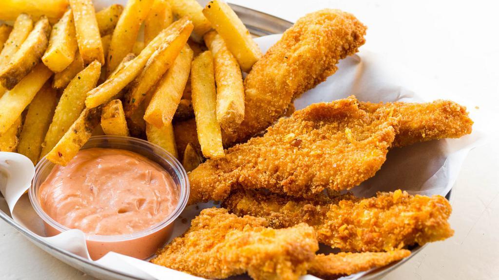 4 Chicken Fingers With Fries · 4 pieces of crispy chicken fingers served with a side of fries.