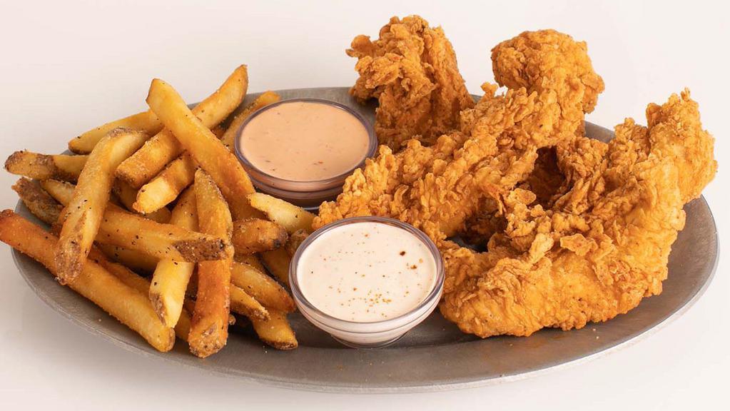 Tenders Meal · 5 hand-breaded crispy chicken tenders. Choose Regular, Nashville Hot AF or Saucy Buffalo and your choice of 2 dipping sauces. Served with a side of seasoned fries or upgrade your side to Mac & Cheese for $1 more.