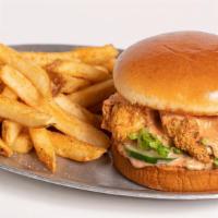Tender Sandwich Meal · 3 hand-breaded crispy chicken tenders served on buttery brioche bun with house made pickles ...