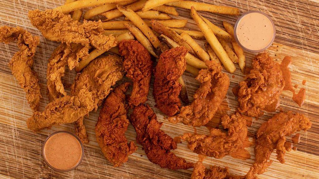 10 Tenders · 10 hand-breaded crispy chicken tenders. Choose Regular, Nashville Hot AF or Saucy Buffalo with your choice of 4 dipping sauces.