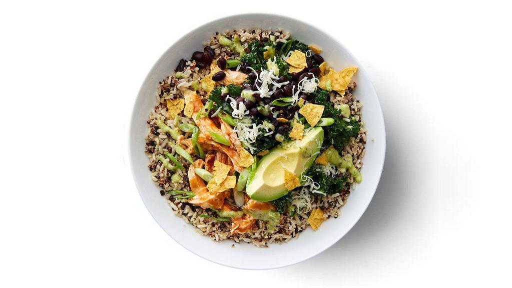 Chicken Tinga Bowl · Warm grains or cauliflower rice drizzled with Mexican Goddess and topped with braised chicken tinga, avocado, black beans, tortilla chips, scallions, cotija cheese, marinated kale (520-700 cals)