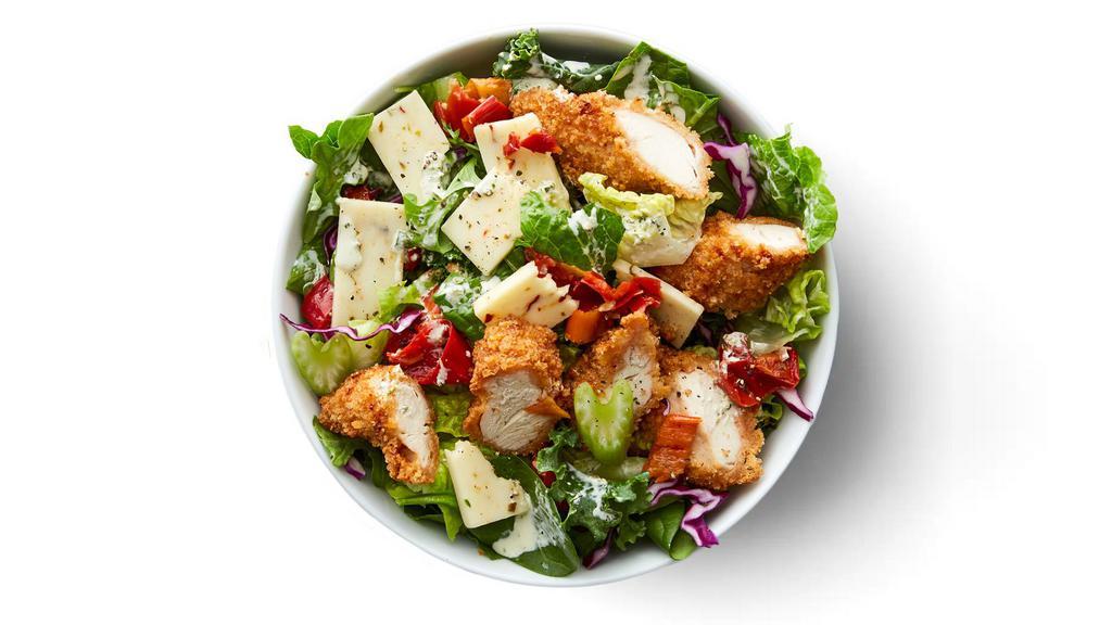 Crispy Chicken Ranch Salad · Panko fried chicken, Mama Lil's spicy peppers, pepperjack, celery, Chopt lettuce blend (645 cals)