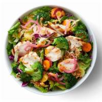 Sesame Ginger Crunch Salad · Grilled chicken, rainbow carrots, broccoli, pickled red onions, crispy shallots, romaine, ca...