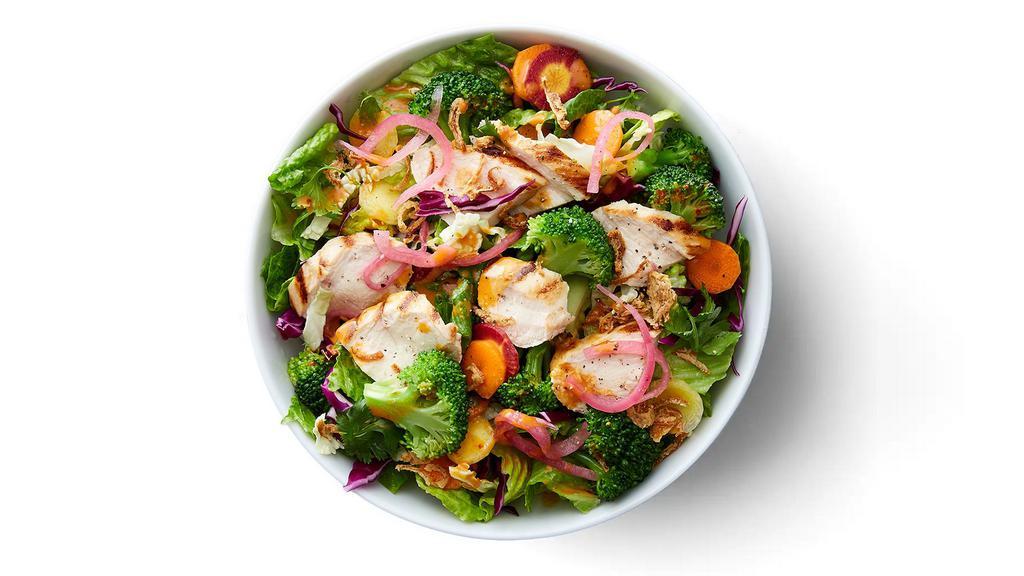 Sesame Ginger Crunch Salad · Grilled chicken, rainbow carrots, broccoli, pickled red onions, crispy shallots, romaine, cabbage & cilantro blend (245 cals)