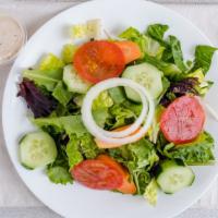 Garden Salad (Large) · Lettuce, Tomato, Cucumber, G. pepper, Salary, Onion, sprinkled with carrots, Olives & comes ...