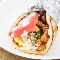 Chicken Gyro · halal. comes with lettuce, tomato, onions and white sauce.