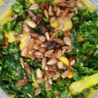 Amazing Kale Salad · Vegan, gluten free, vegetarian. Organic. Kale, shredded carrots, avocado, tamari roasted sun...