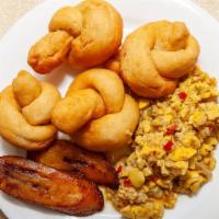 Ackee And Saltfish · Served with choice of boiled foods (dumplings, banana, potato) or fried dumplings.