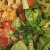 Buffalo Chicken Salad · Romaine lettuce and diced tomatoes tossed with bleu cheese dressing & topped with buffalo ch...