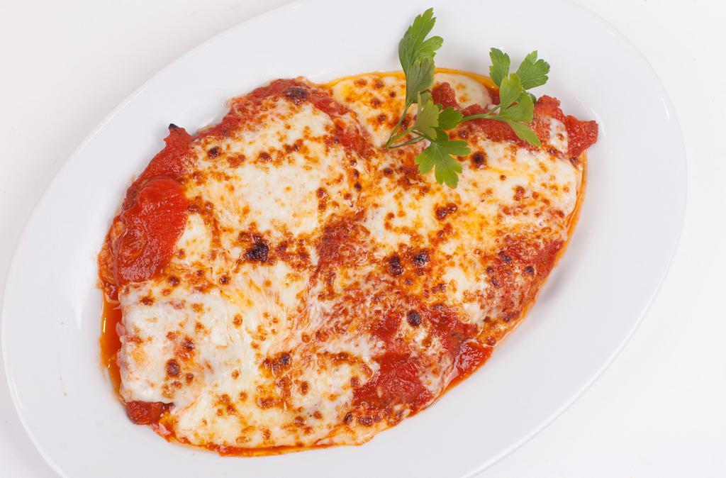 Chicken Parmigiana · Served with choice of penne, spaghetti or salad.