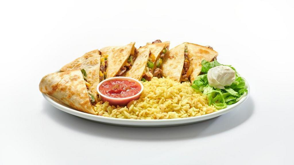 Pepper Steak & Onion Quesadilla · Ahoy ye land lovers! Delight in tender beef sautéed with green peppers & onions and loaded with mounds of mixed cheese between two expertly grilled flour tortillas and served with rice, salsa and sour cream on the side.