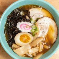 Shoyu Ramen · Soy sauce based Japanese Ramen with pork belly slices, kikurage, menma, soft boiled egg and ...