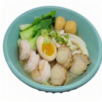Seafood Ramen · Japanese ramen with shrimps, scallops, squid slices, fish balls, naruto fish cakes, bok choy...