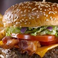 Bacon Cheese Burger Deluxe · Served with French fries, lettuce, tomato. Tomato, pickles and coleslaw. Made of freshly gro...
