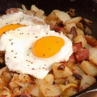 2 Eggs Platter, With Corned Beef Hash · With corned beef hash. Served with home fries or French fries, toast or a bagel.