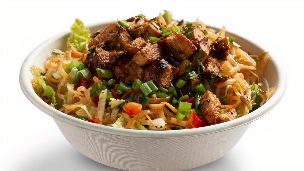 Spicy Thai Chicken & Rice Noodles · Nappa cabbage, spicy thai rice noodles, spicy chicken, peppers, scallions, sesame sriracha sprouts, thai chili sauce. (soy). Suggested with thai cashew dressing. (soy, tree nuts)