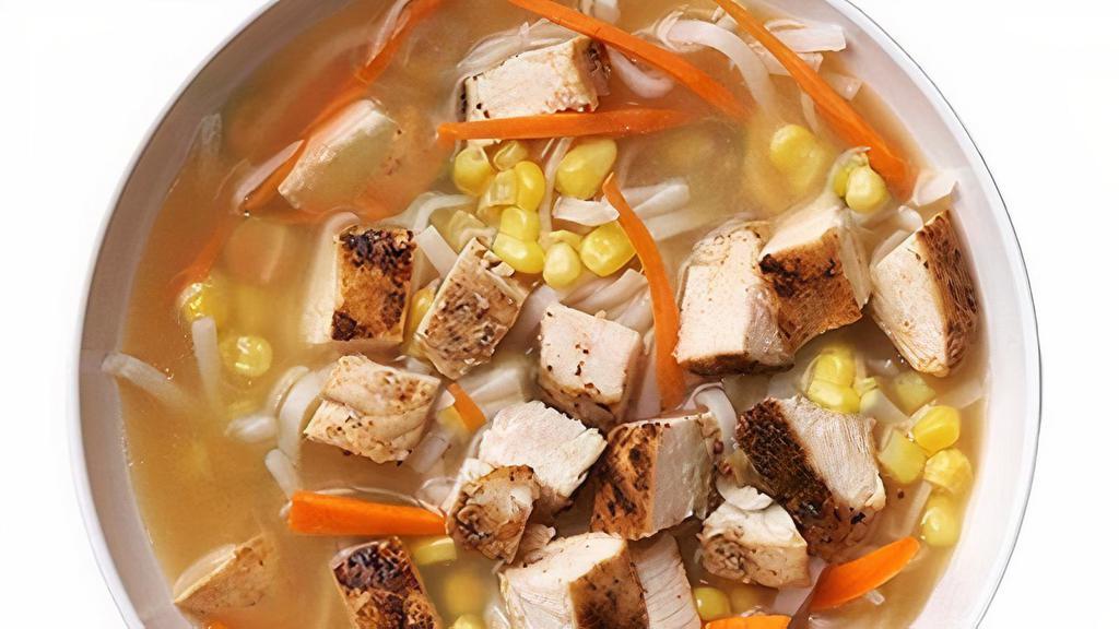Kids Chicken Noodle Soup · Rice noodles, anti-biotic free chicken, corn, carrots and chicken bone broth.