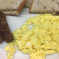 Two Eggs &  Sausage Links · Two Eggs, 3 Sausage link, Toast and jelly.