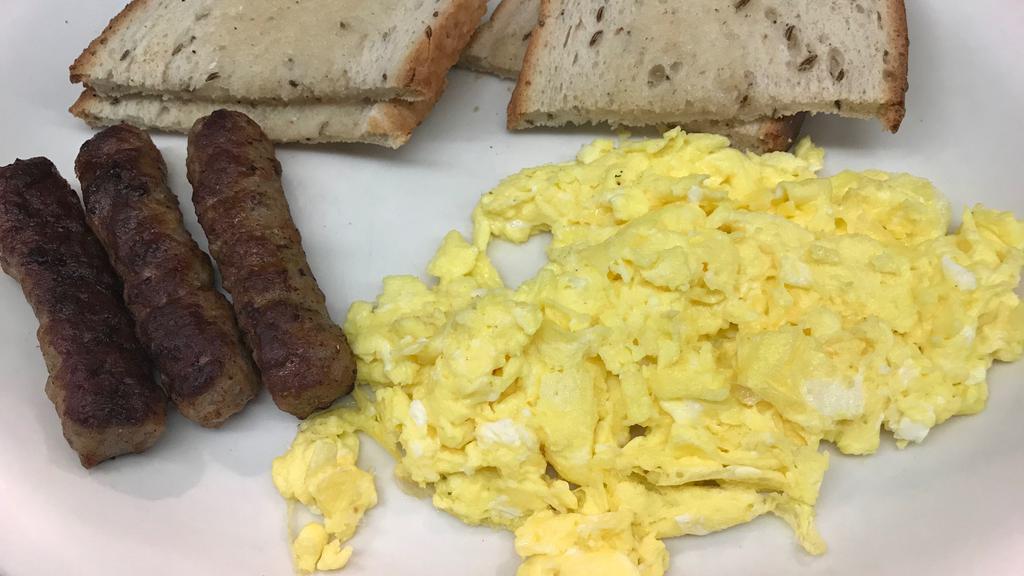 Two Eggs &  Sausage Links · Two Eggs, 3 Sausage link, Toast and jelly.