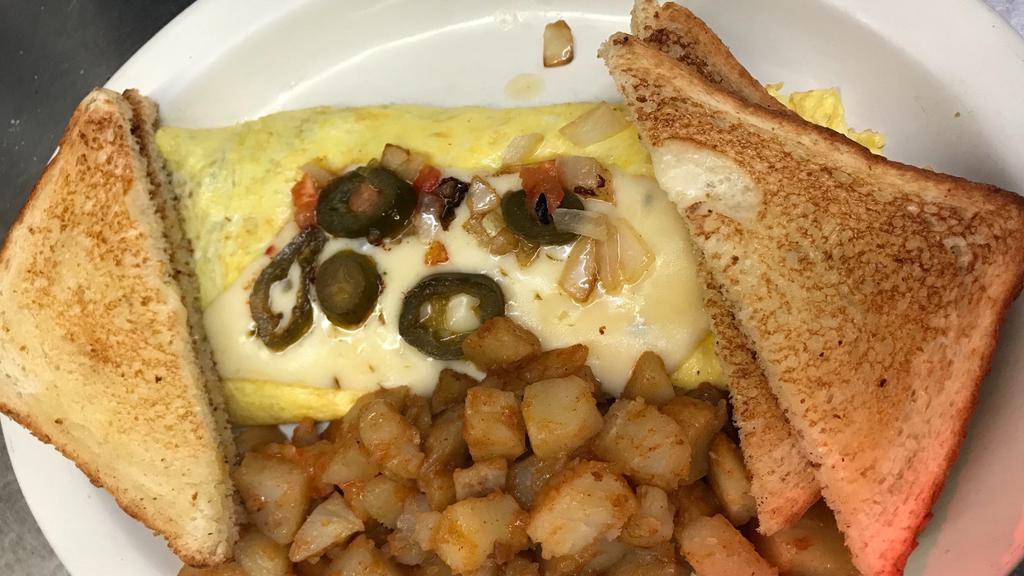 Quesadilla Omelet · Jalapenos, pepper-jack, tomatoes and onions