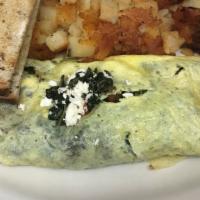 Greek Omelet · Spinach, tomato, Kalamata Olives and Feta. With Toast