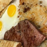 Tenderloin Steak & Eggs · 9 oz. steak, two eggs, potatoes, and toast.