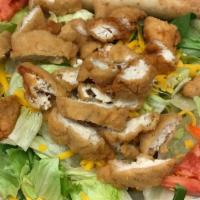 Fried Chicken Strips Salad · Fried chicken strips, lettuce, tomatoes, Cheddar cheese.