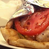 Chicken Souvlaki Sandwich · With steak fries.