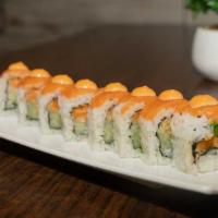 Orange Dragon Roll · Sliced salmon wrapped around salmon and cucumber roll.
