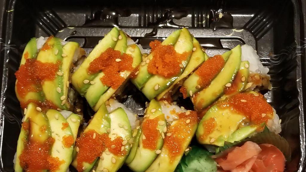 Green Dragon Roll · Avocado and tobiko wrapped around eel and cucumber.