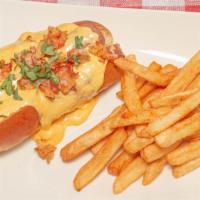 The Corner Hot Dog · Sausage, Cheddar cheese and topped with crispy bacon. Accompanied with French fries.