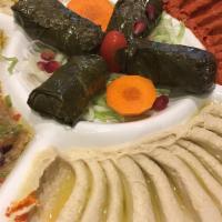 Mixed Appetizer Plate · Hummus, labneh, Baba ghanoush, spicy vegetable dip and Grape leaves