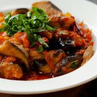 Mediterranean Eggplant Sauce · Grilled Eggplant with tomato, peppers and Garlic