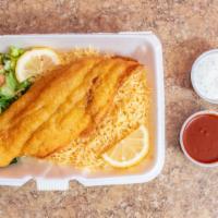 Whiting Fish Platter · Fresh hand breaded whiting fish served with our seasoned yellow rice , salad and your choice...