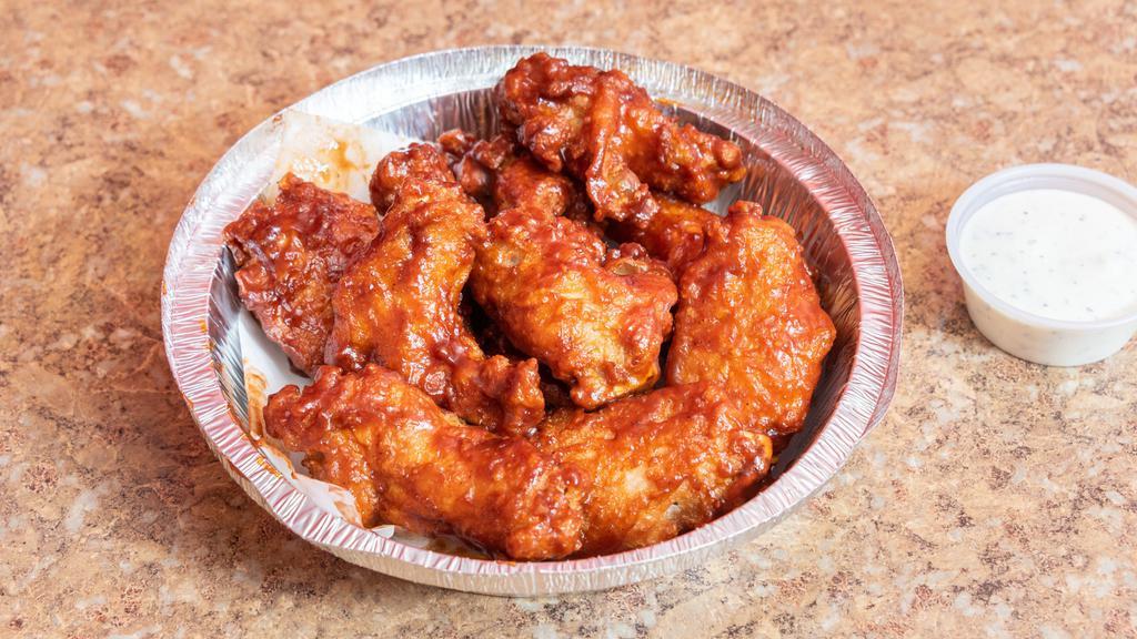 Chicken Wings · Comes with 6 Jumbo party  wings. Available in Hot, Mild, Barbecue, Plain, Garlic, or Lemon pepper. With a choice of sauce: Ranch, Blue Cheese, Tzatziki, Horseradish, BBQ, Honey Mustard, and Marinara