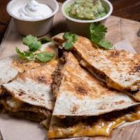 Quesadilla Platter. · topped with triple cheeses served with salsa, sour cream and side of fries