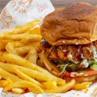 Spicy Fried Chicken Burger + Fries · Spicy fried chicken, tomato, lettuce, pickles, spicy mayo and fries