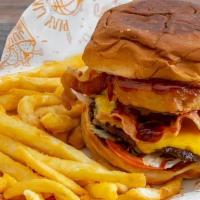 Jersey Burger + Fries · Lettuce, tomatoes, onion rings, bbq sauce, applewood smoked bacon and cheddar cheese and sid...