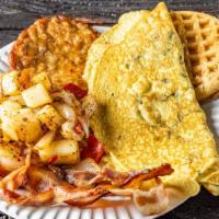 American Breakfast Platter · Egg, bacon, pancakes, sausage.