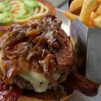 Cc Burger · Vintage cheddar, house smoked bacon, stout onions, jalapeño aioli, brioche bun