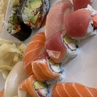 Osaka Special Sushi For Two · Ten pieces of assorted sushi, two spice tuna hand rolls, and one Rainbow roll,& one Eel  spe...
