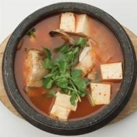 Daegu Meun Tang · Spicy. Large chunks of codfish casserole with vegetables in spicy broth.