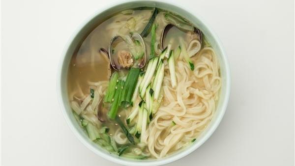 Jo Gae Kal Kook Soo · Hot. Home style flat noodles soup with clams.