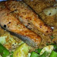Salmon And Scallops Dinner · 3 scallops.