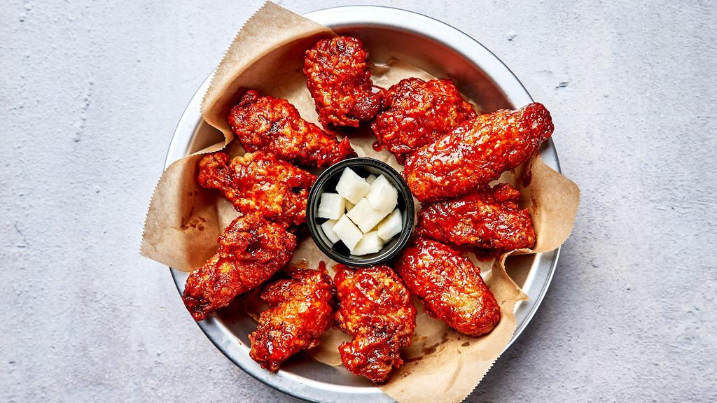 Korean Hot Spicy Wings · Bell & Evans wings fried in our special olive oil blend and painted with our umami soy garlic sauce.